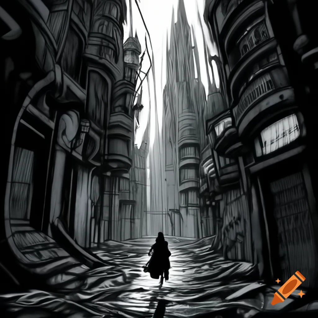 Monochromatic pen drawing of decaying urban alleyway with retro-futuristic and gothic architecture