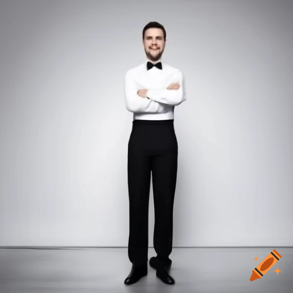Ultra realistic portrait of smiling Slavic male waiter in black trousers and white shirt on grey background