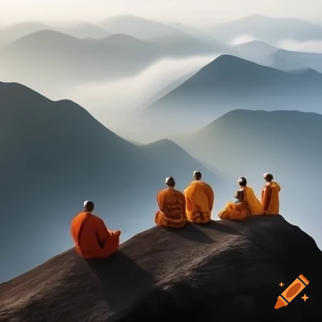 Monks sitting in a circle on mountain peak, immersed in tranquility with headphones