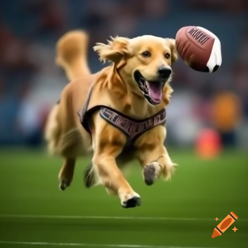 Golden retriever with tattoos catching football with enthusiasm