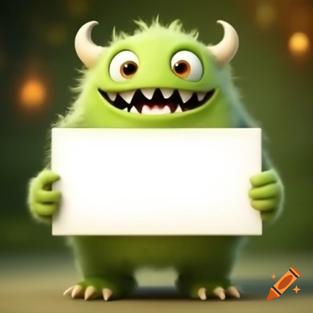 Happy monster holding blank white sign