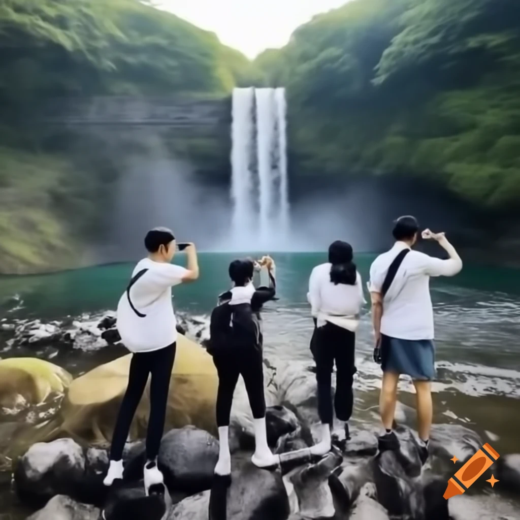 Four Korean students posing for a photo at Cheonjiyeon Waterfall in Jeju