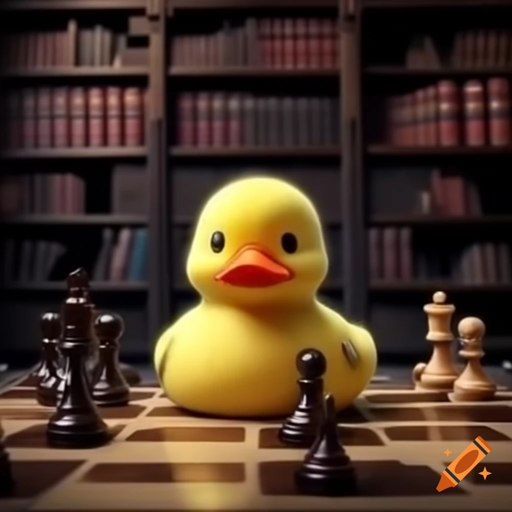 Rubber duck playing chess in a historical library