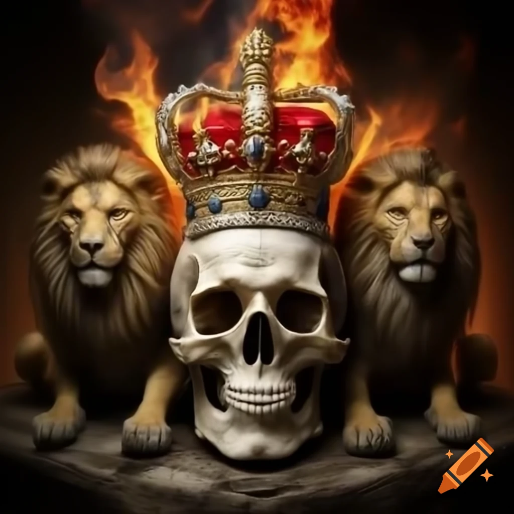 Royal crest featuring lions and a skull with a seven pointed crown and flame