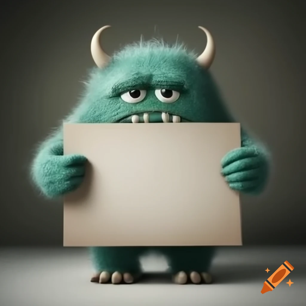 Sad monster holding blank white sign