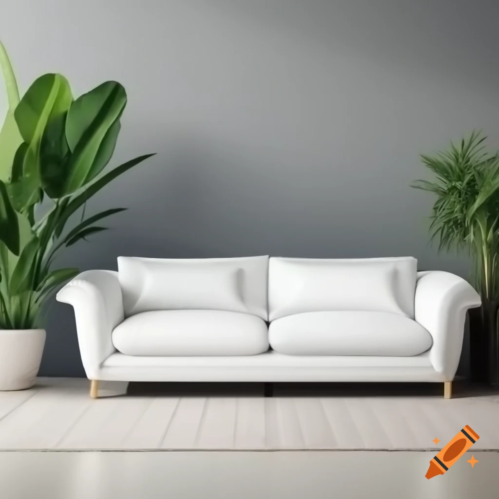 White couch in front of gray wall with large plants