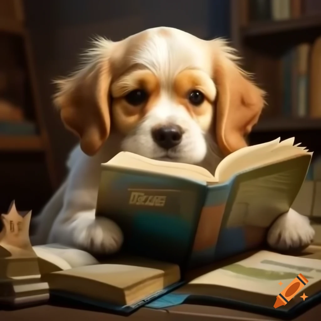 Dog reading a book, whimsical illustration