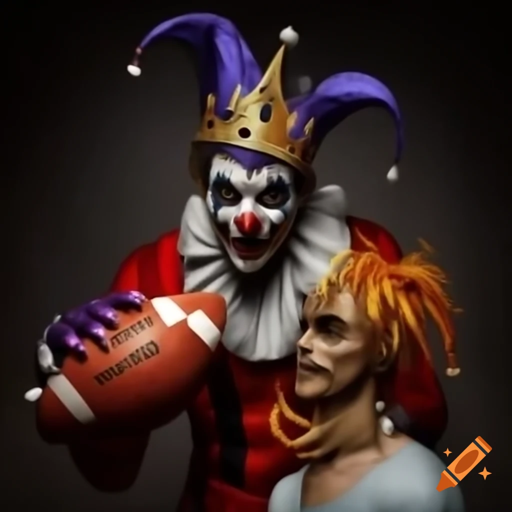 Football-playing king having crown stolen by jester