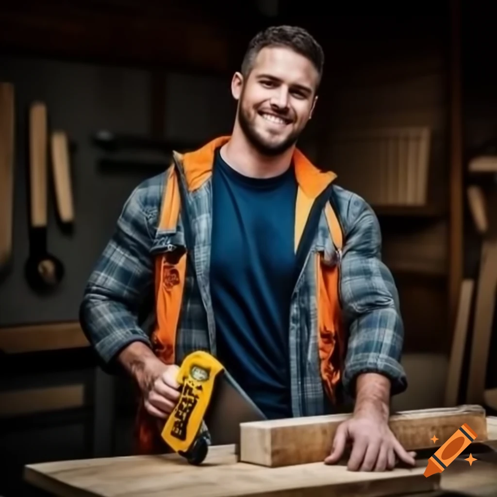 Muscular man in work jacket cutting wood with saw, woodworking tools in background