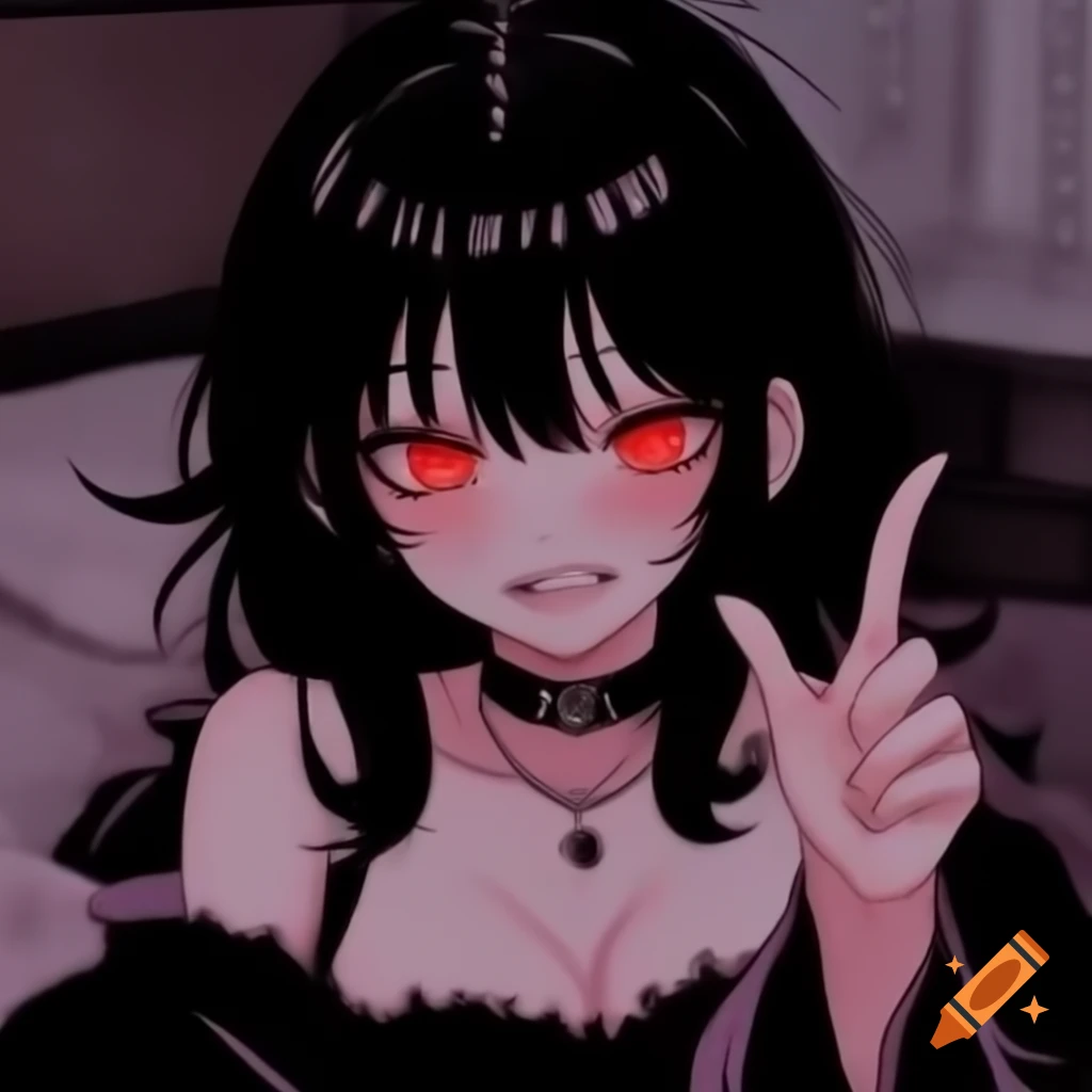 Anime vampire woman with pale skin and black hair making peace sign