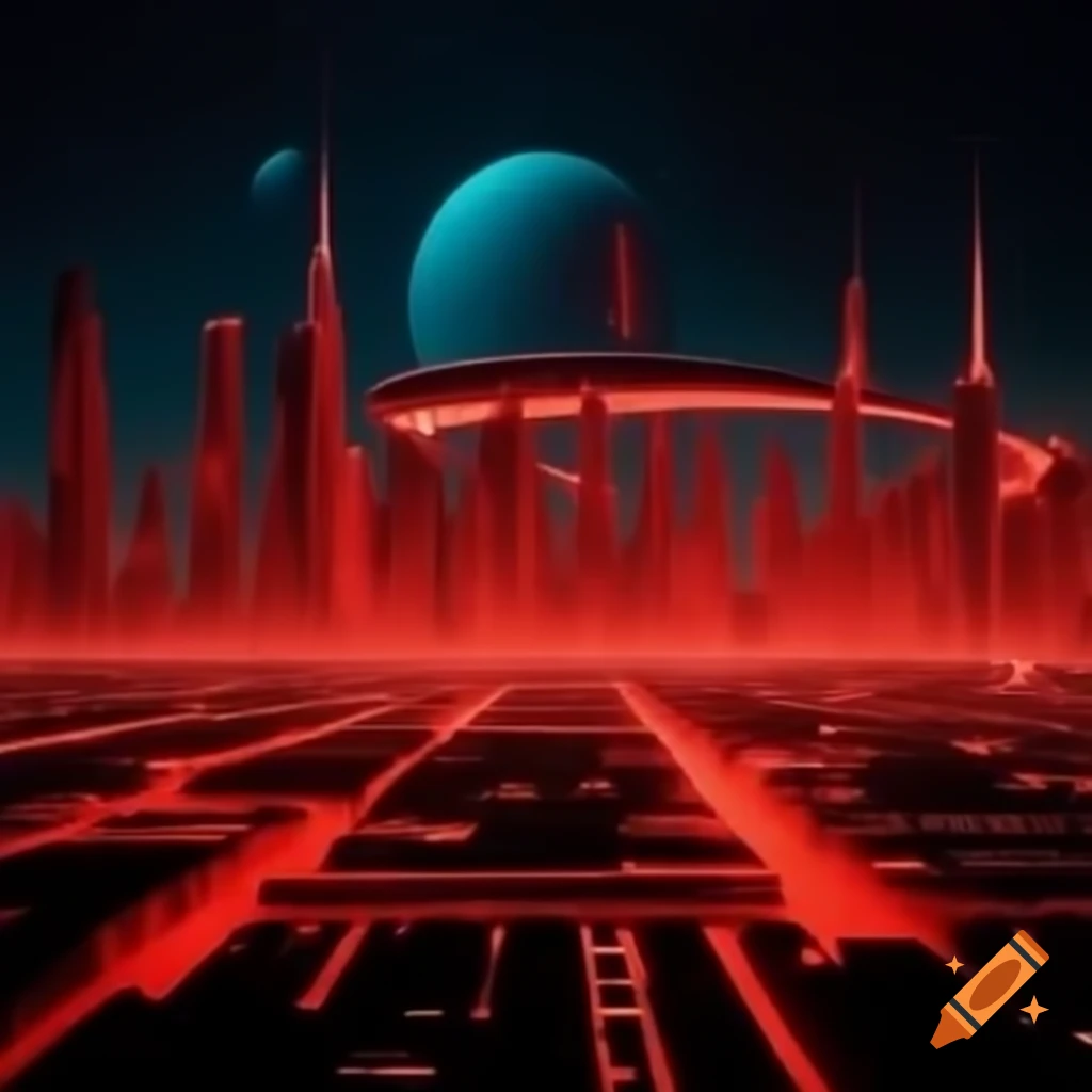 Retro-futuristic city view at night in 1960s style