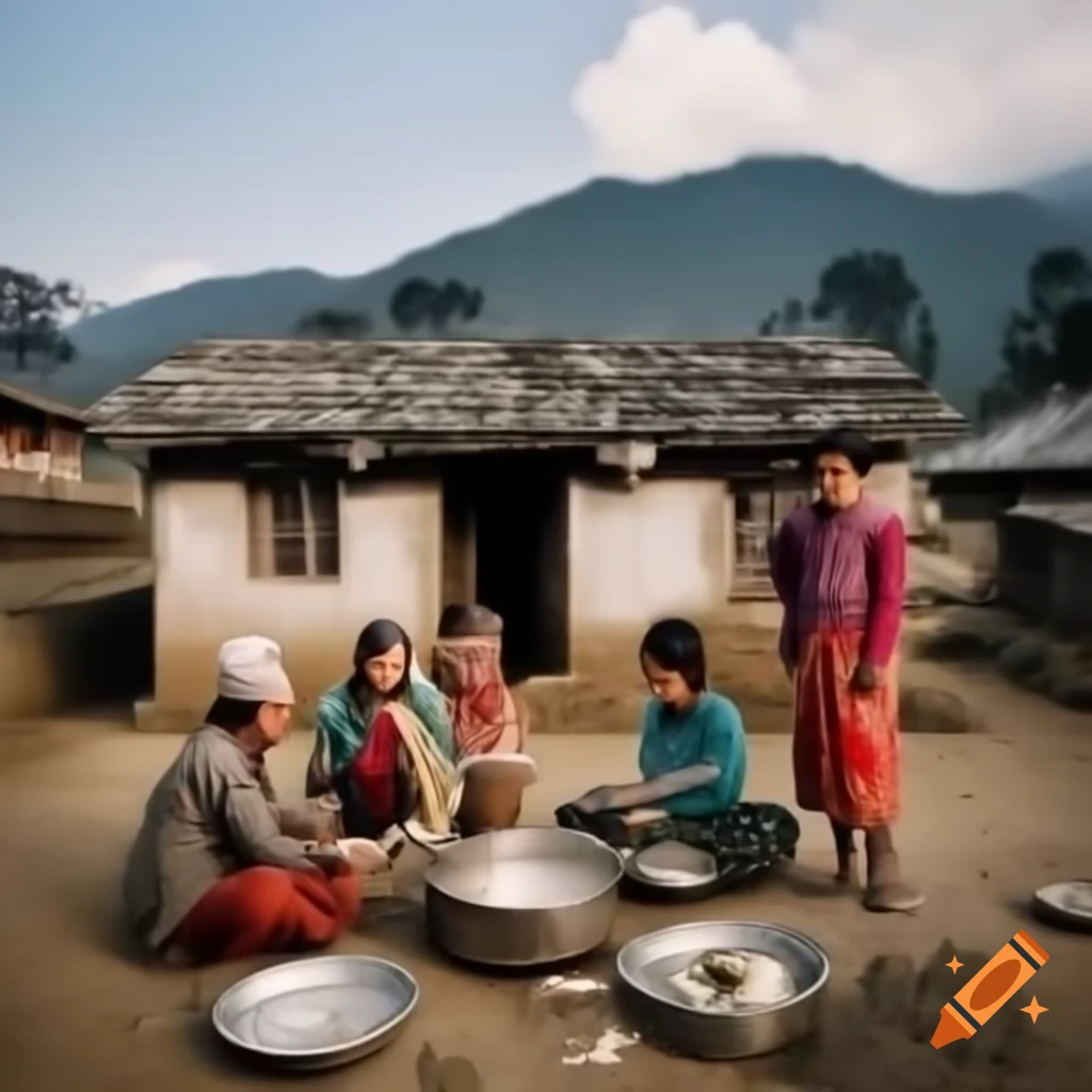 Nepali rural home with people in traditional clothing preparing goat, festive atmosphere
