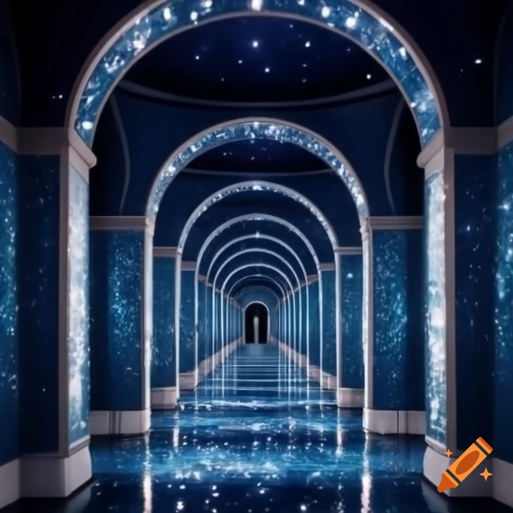 Surreal dark blue marble hallway with high ceilings and starry ceiling