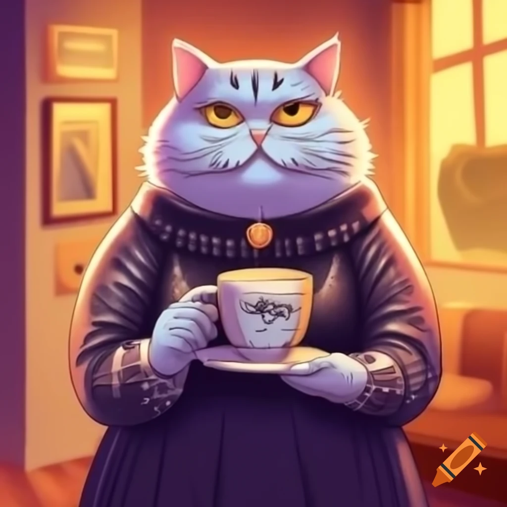 Cat in dark silver dress holding designer cup of coffee in warm toned watercolor painting