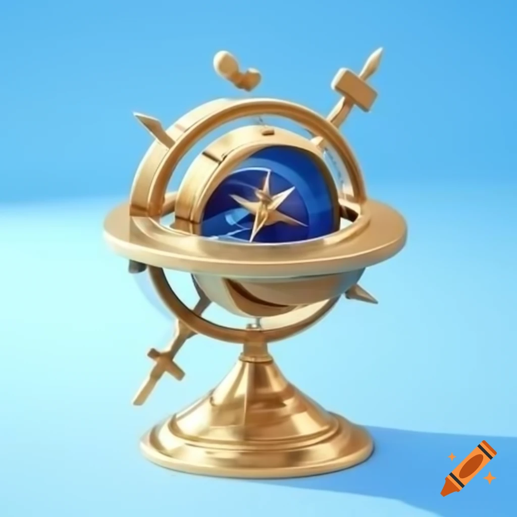 Brass magical compass designed like a celestial globe on light blue background
