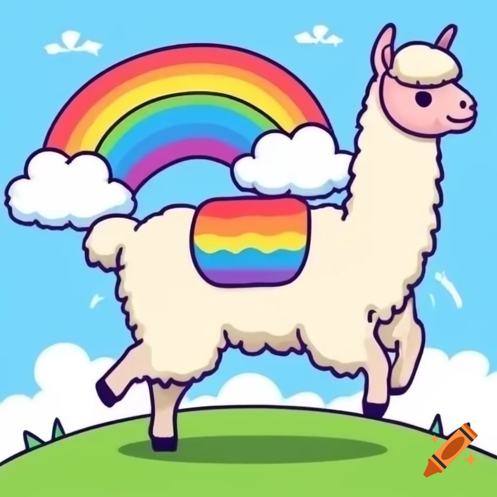 Cartoon llama bouncing with rainbows in the background