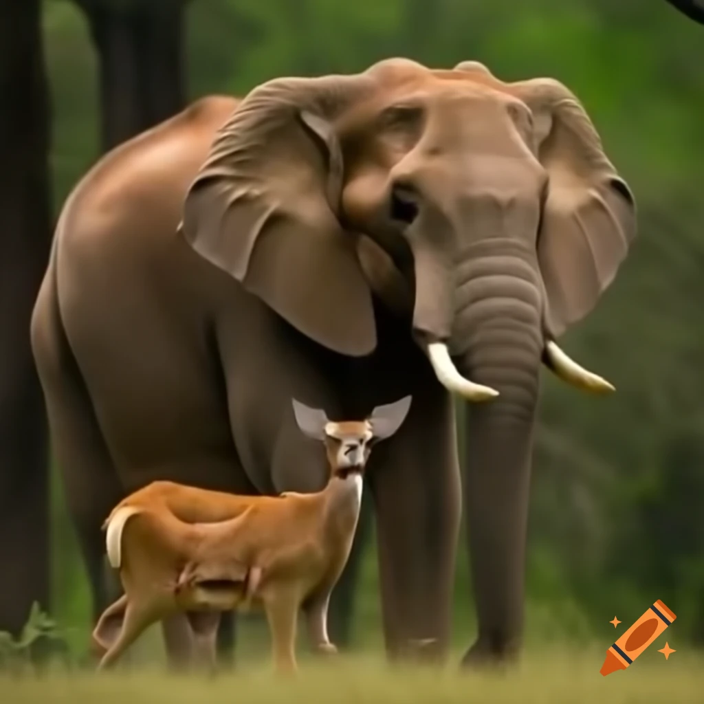 Deer and elephant in a forest setting