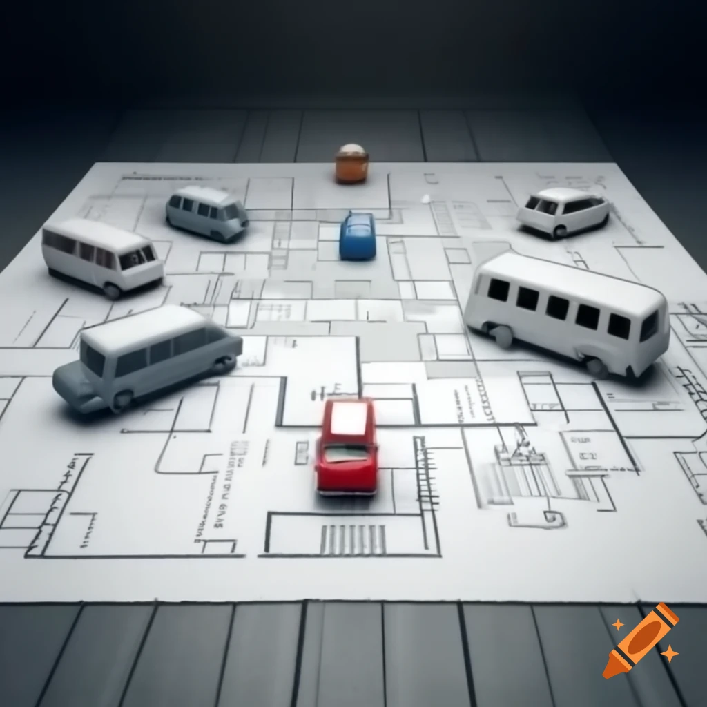 Blueprint on table with toy cars being built, illustrating codebase and deployment concept