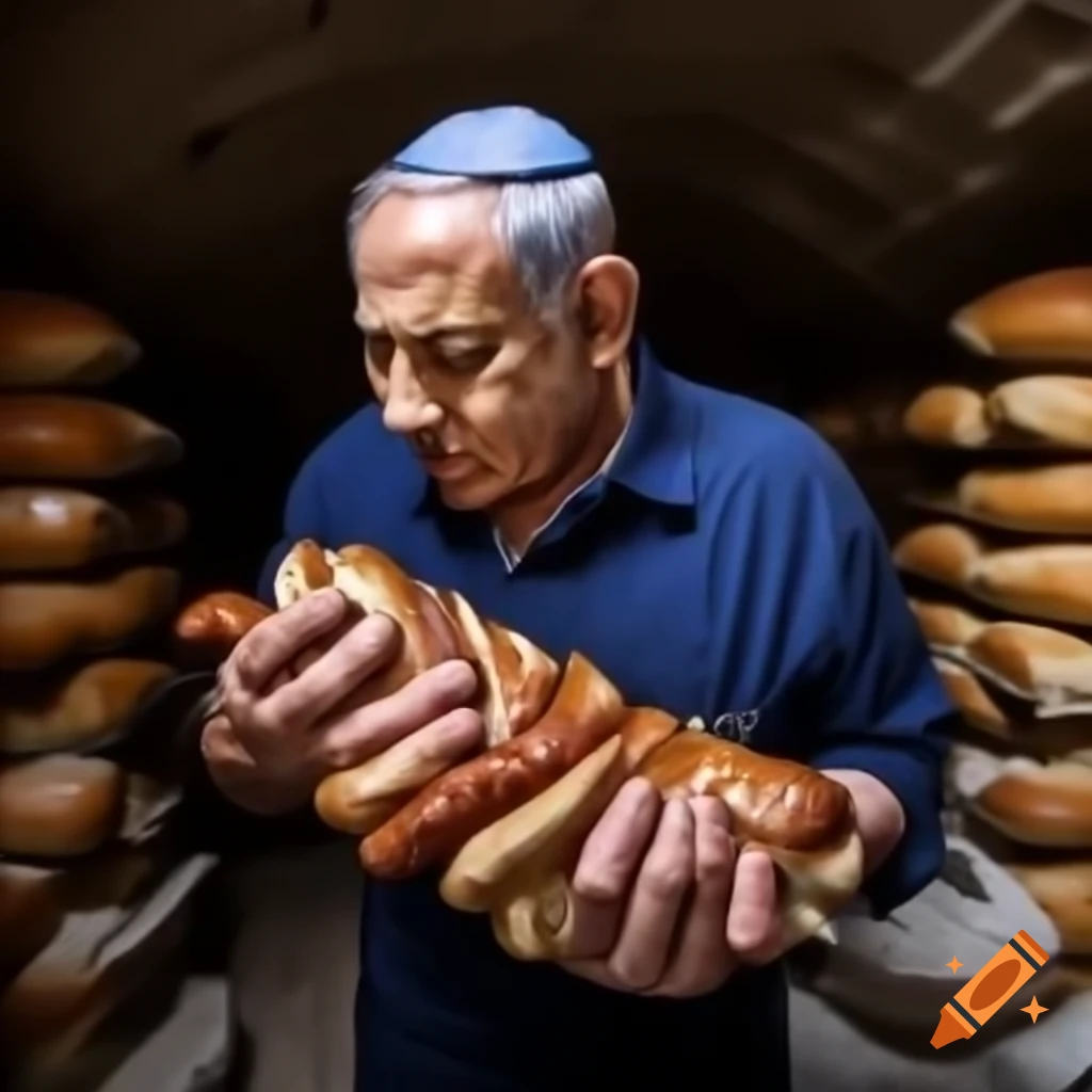 Benjamin Netanyahu eating a sausage in a bombed Middle Eastern ruin
