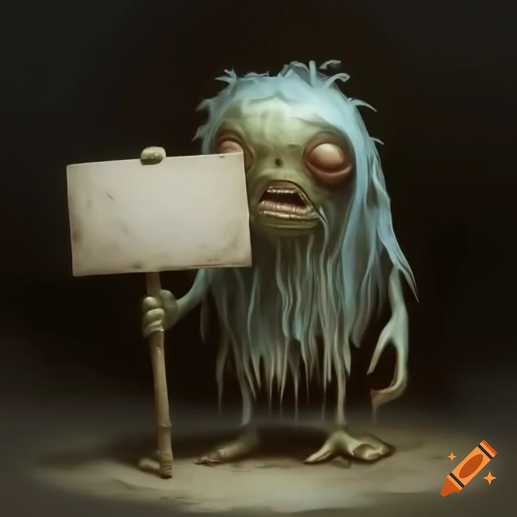 Wounded zombie monster holding a blank sign
