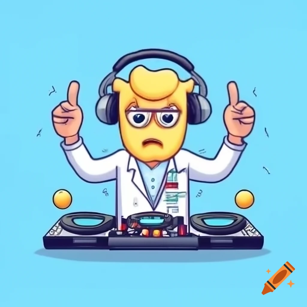 Cartoon lab technician DJing with headphones and goggles