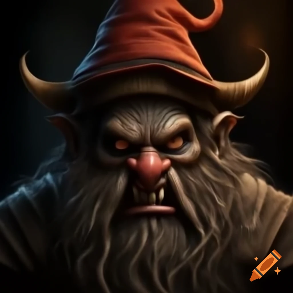 Dark vintage depiction of a devil dwarf wearing a large hat