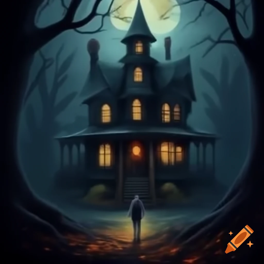 Haunted house with a figure approaching