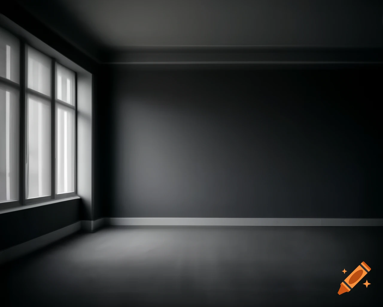 Large empty workspace with dark grey walls and a window on the left