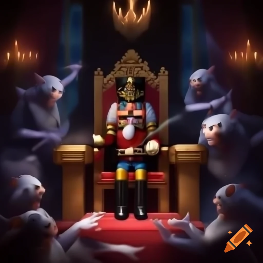 Dramatic battle between Nutcracker and Rat King in ornate throne room
