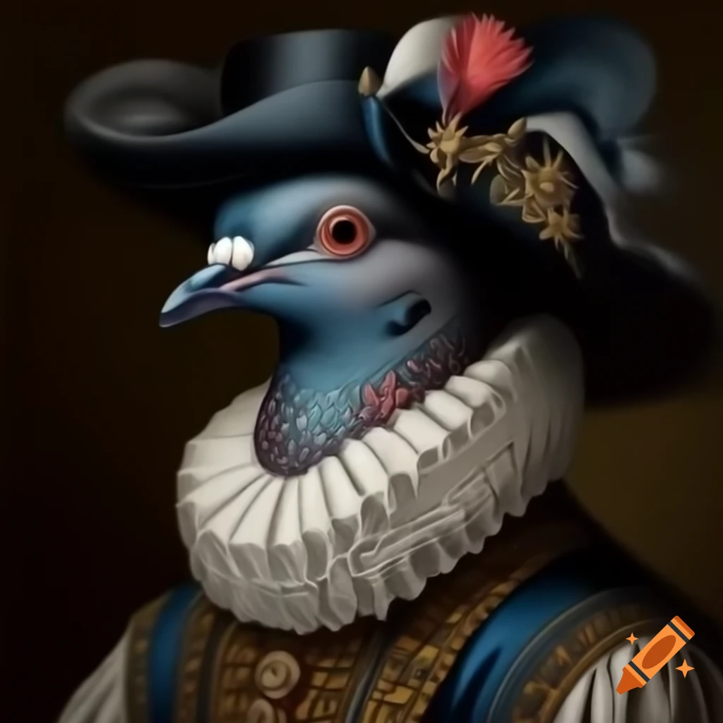 Oil painting of pigeon wearing 1700s clothing and Elizabethan collar