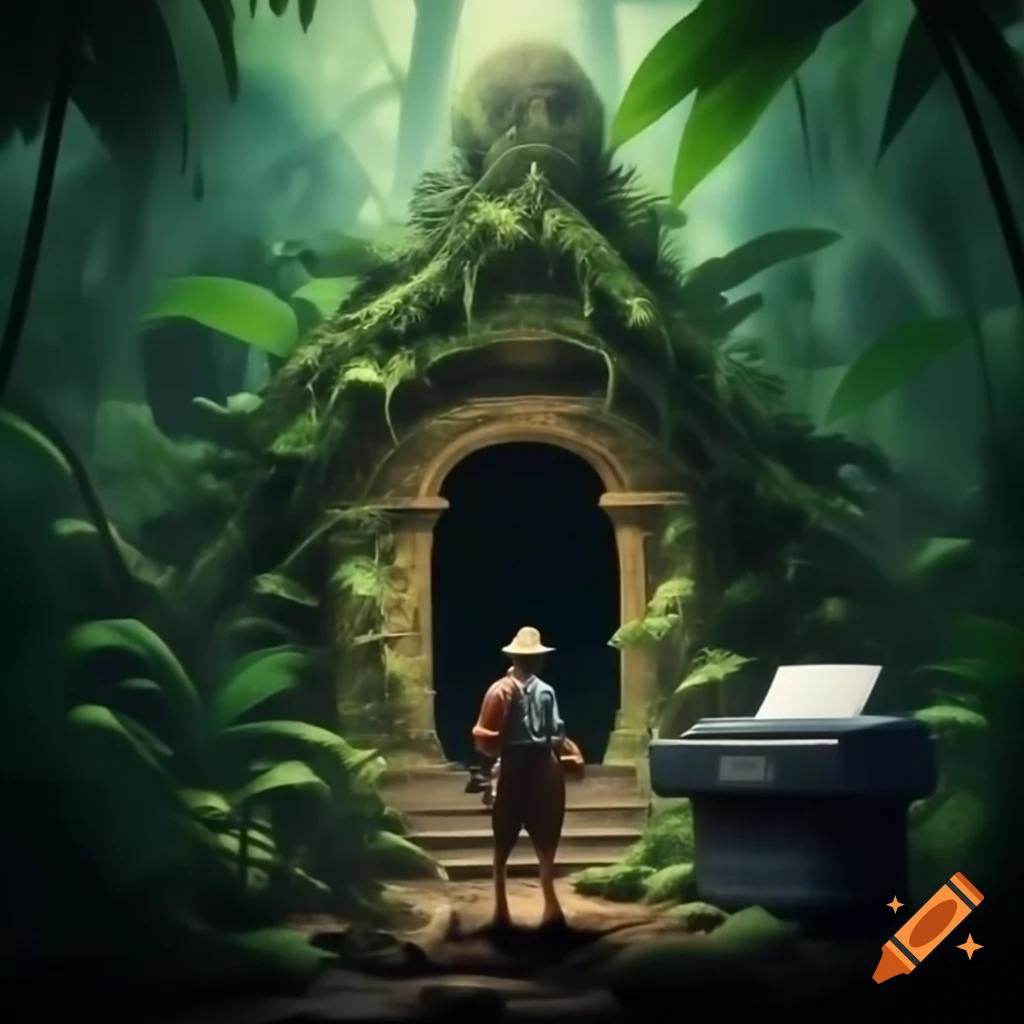 Adventurer exploring jungle temple to retrieve printer from altar
