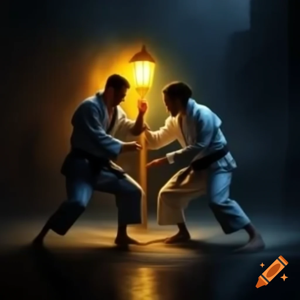 Judokas grappling in Uchi-mata technique under street lamp illumination