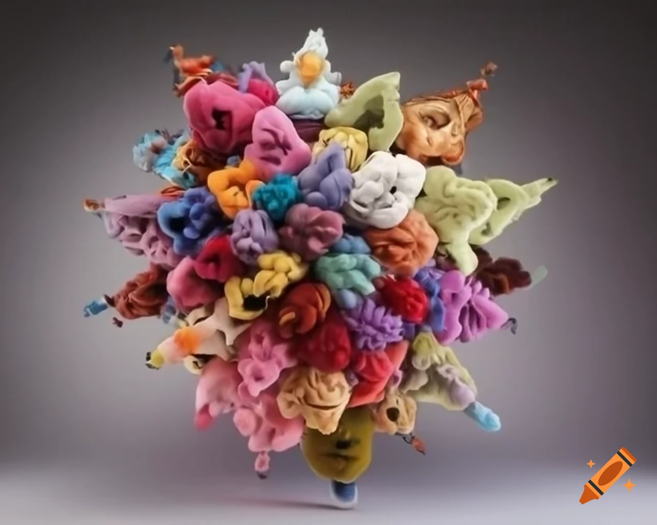 Maximalist wearable sculpture inspired by Nick Cave's Soundsuits in vibrant colors
