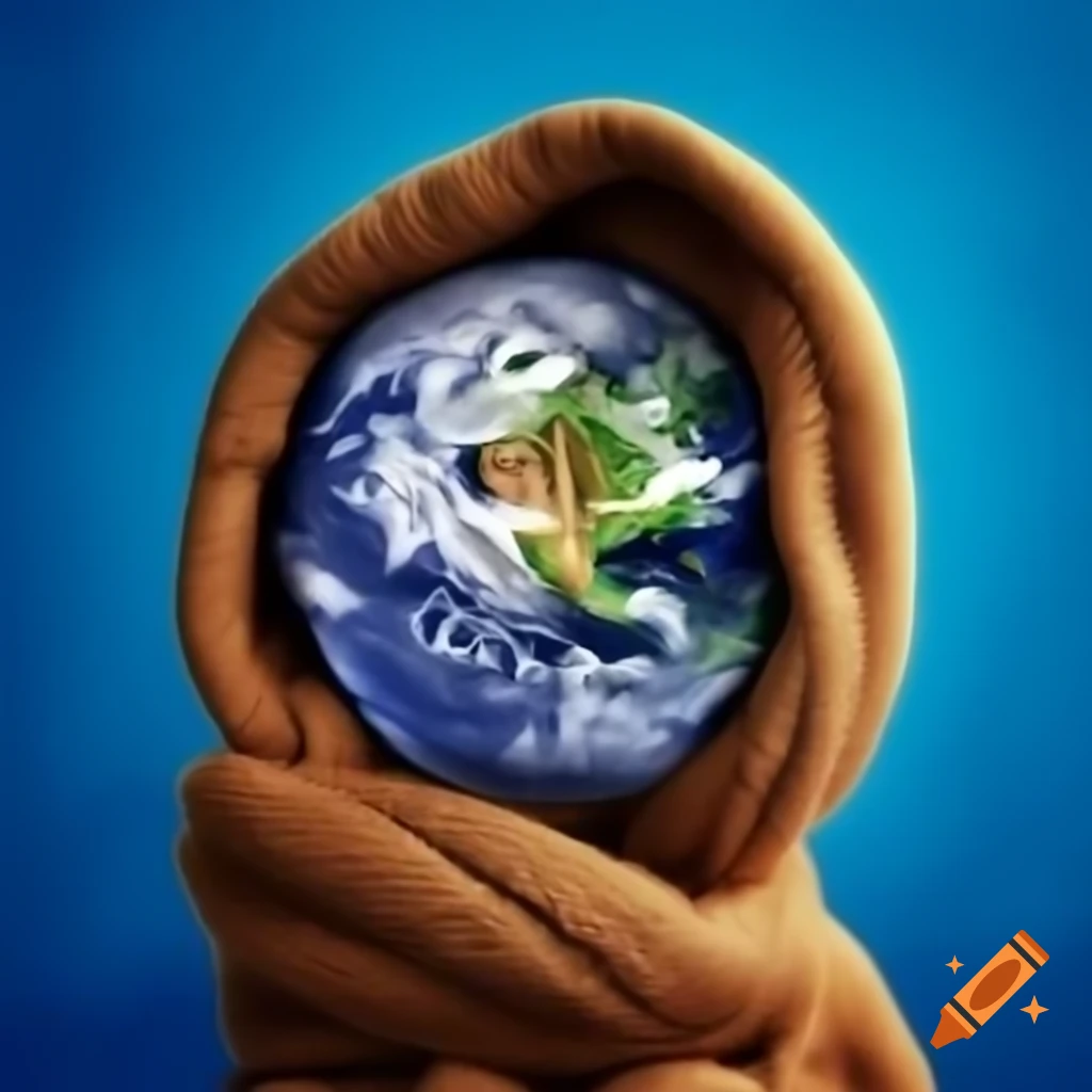 Earth wrapped in a cozy scarf against blue background