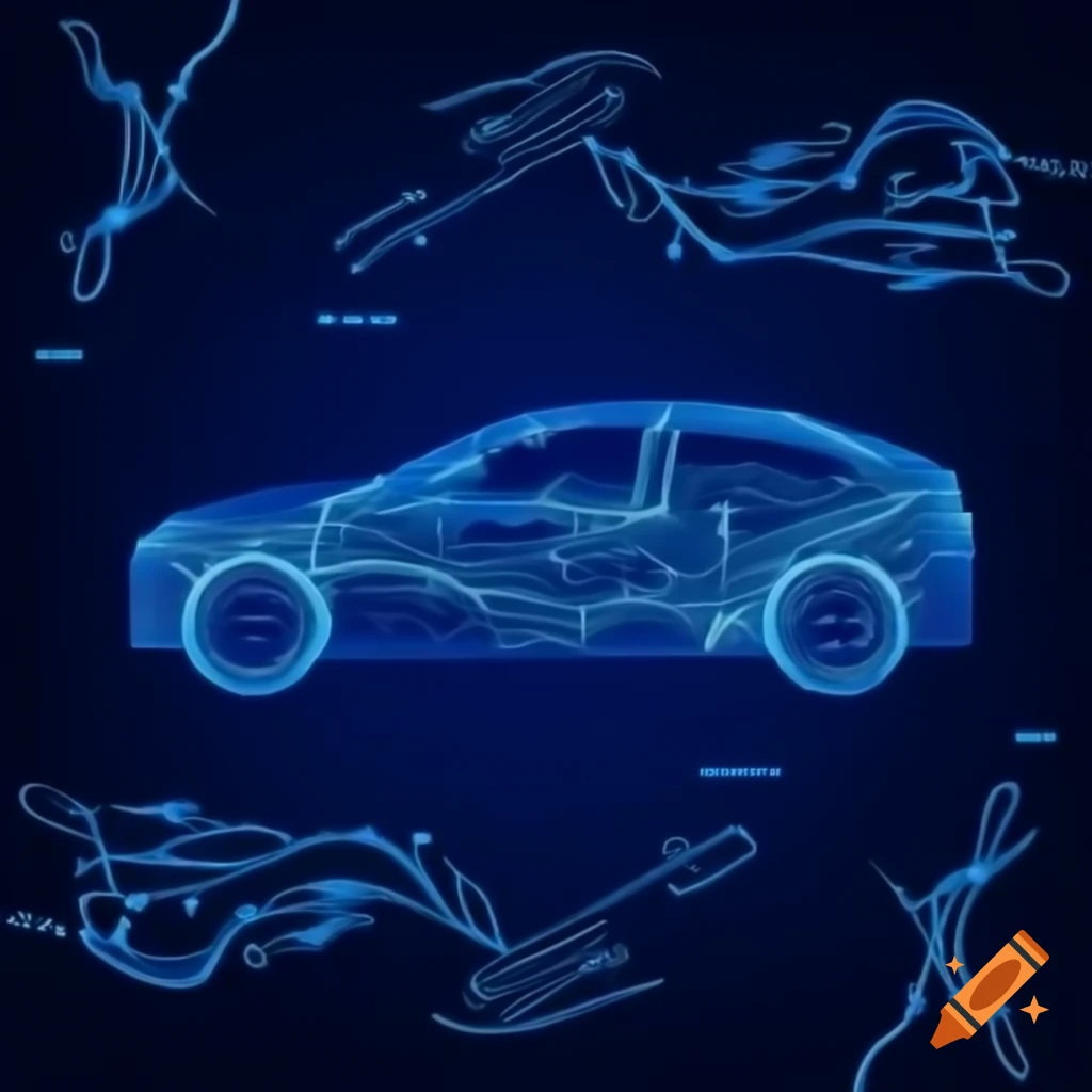Schematic background of a car with blue circuit board and swirling circuits