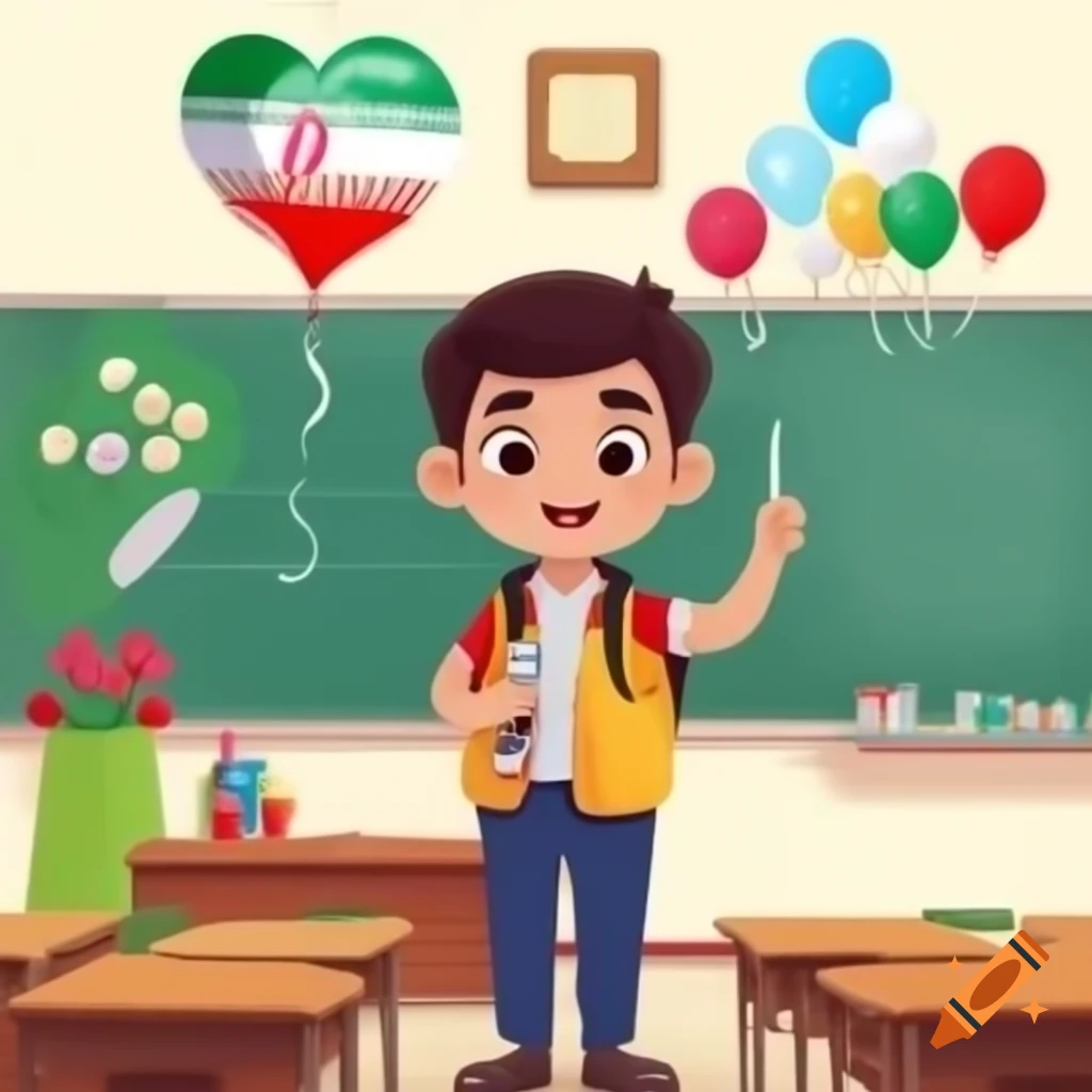 Young male teacher in classroom with Iranian flag and colorful decorations