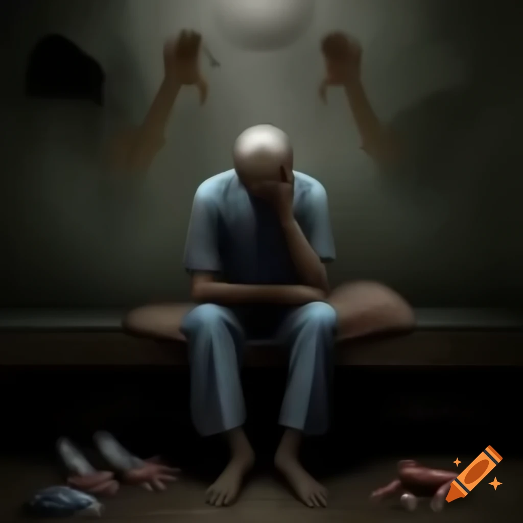 Realistic portrayal of a person with emotional struggle in dimly lit room