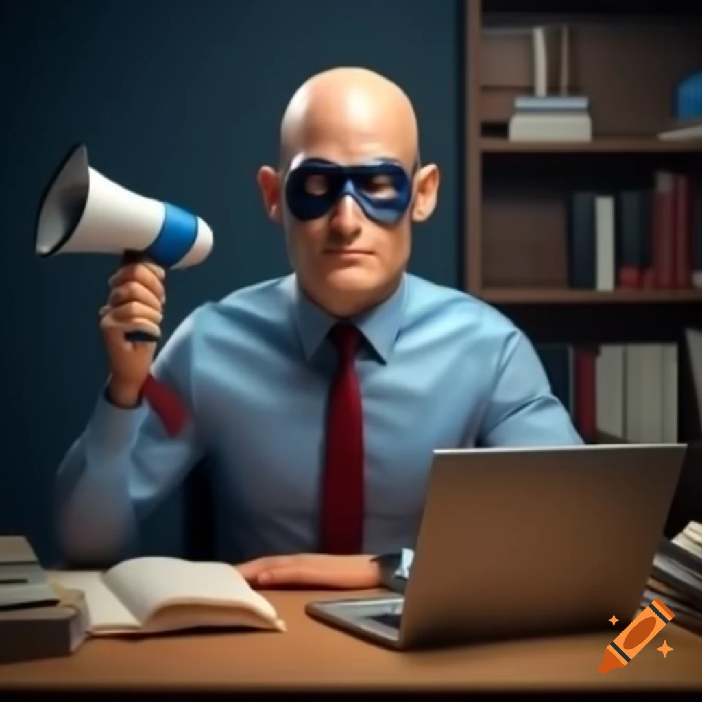 Balding superhero businessman with books and model building on desk, holding megaphone