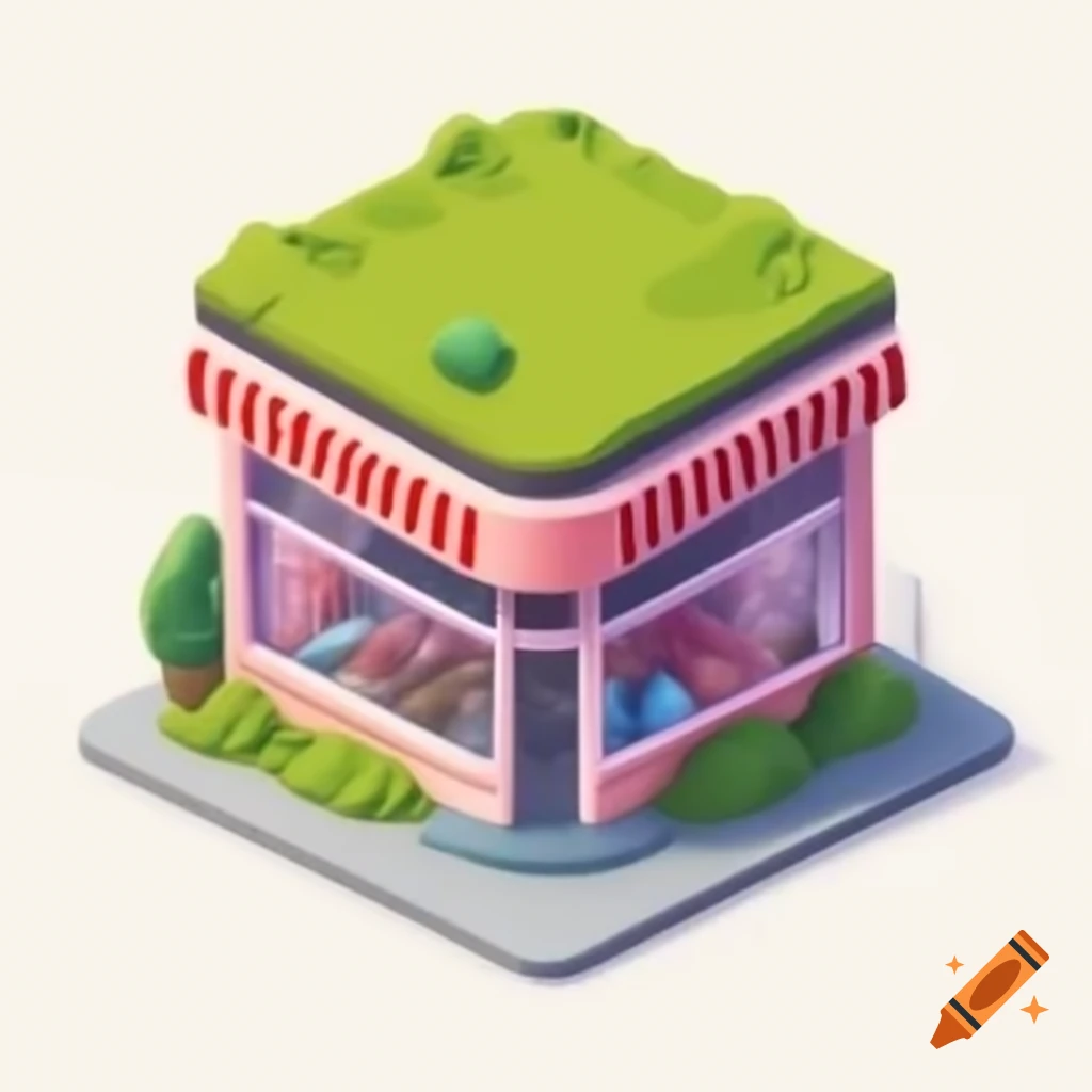 Cartoon-style shop corner view on white background