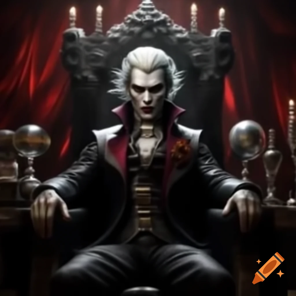 Regal vampire with yellow eyes sitting on ornate throne among trophies