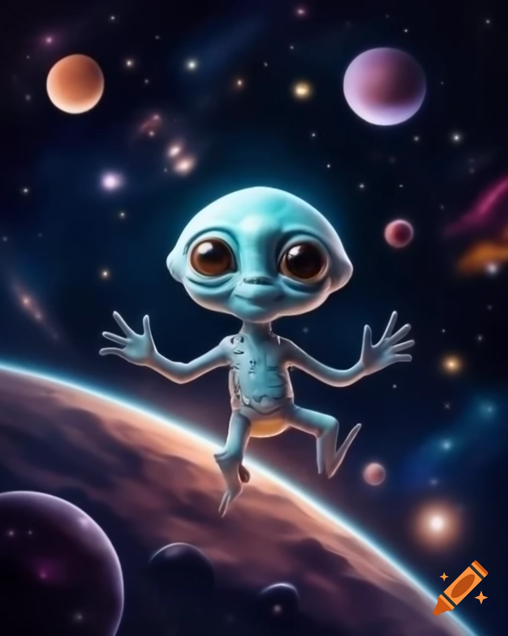Friendly alien inviting space explorers in starry space
