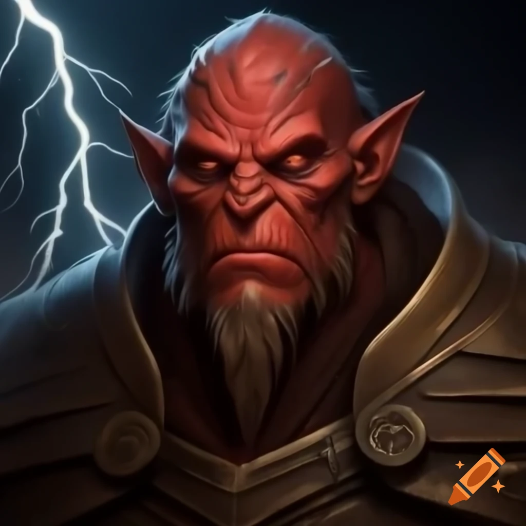 Tall red-skinned hobgoblin in common clothes with lightning in eyes