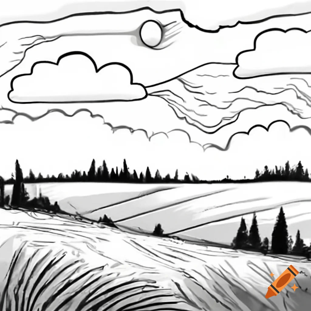 Black and white landscape of fields