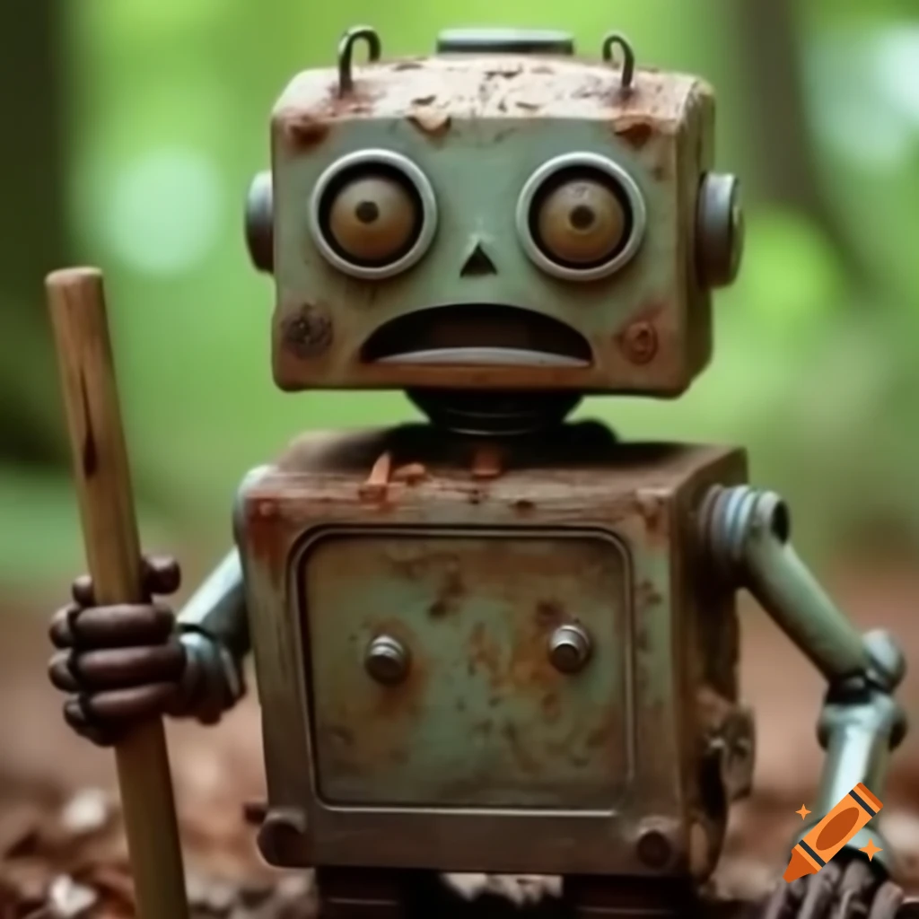 Detailed photograph of a rusty, crying robot holding wood in a forest