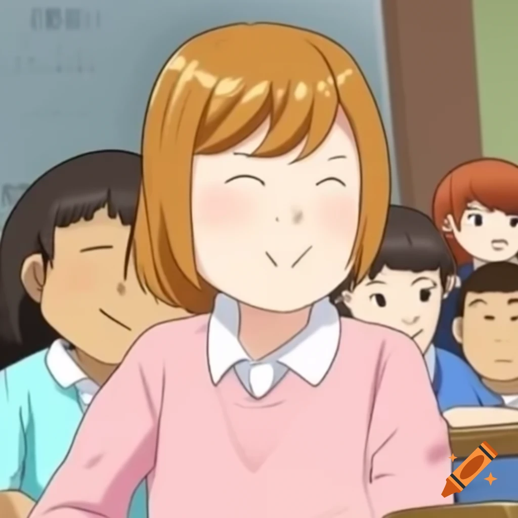 First grade teacher in pink sweater studying English with smiling students