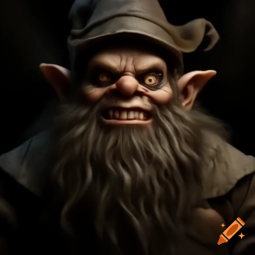 Dark vintage image of a scary dwarf wearing a big hat