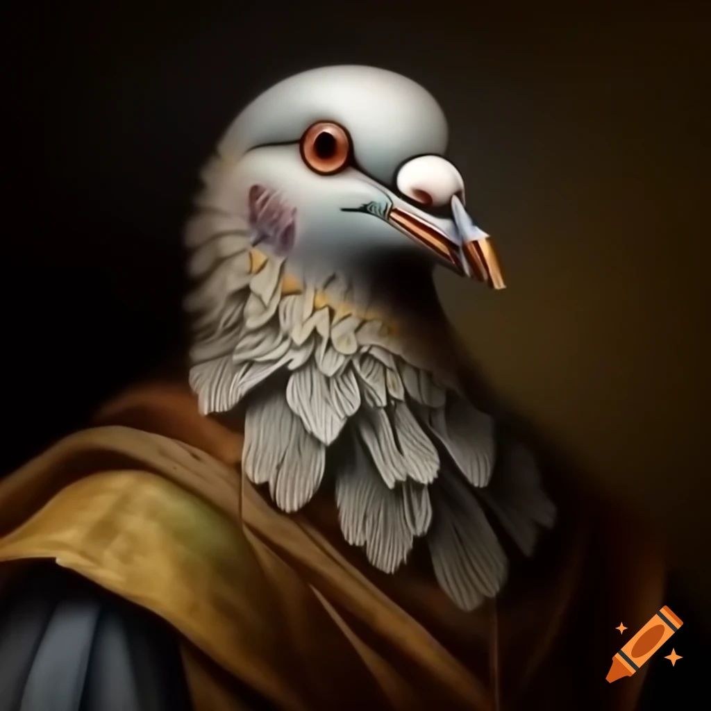 Oil painting of pigeon in 1700s era clothing and Elizabethan collar