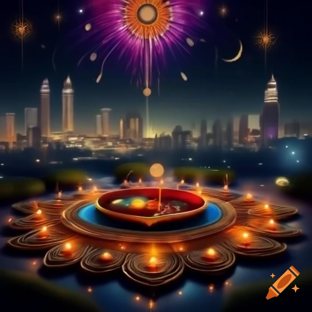 Vibrant Diwali poster with city skyline and glowing software icons