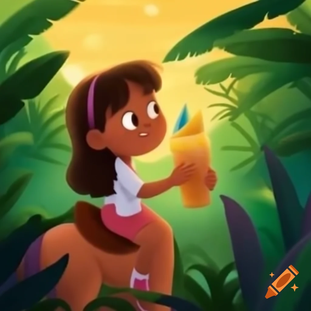 Girl on horse enjoying pina colada in jungle at sunrise