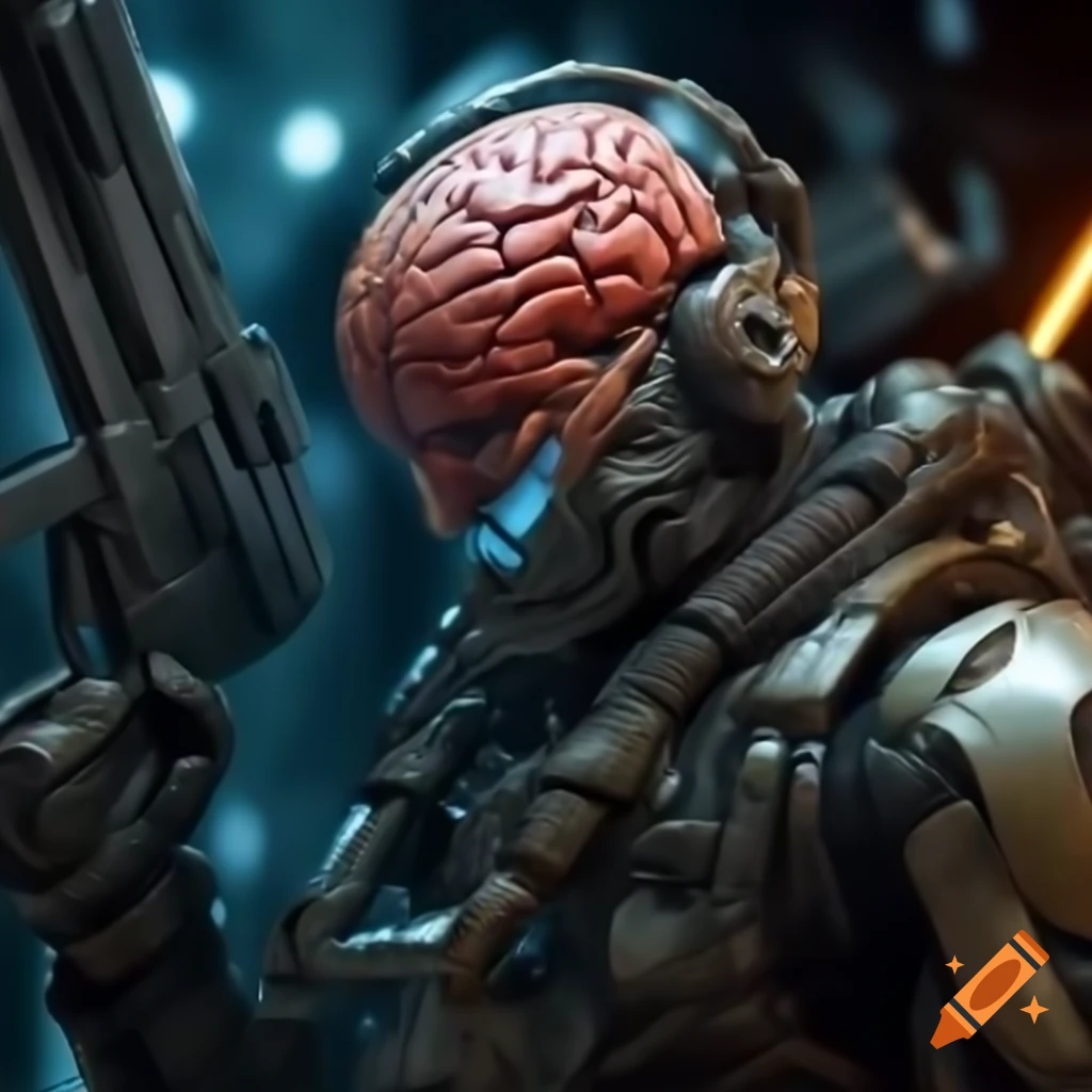 Sci-fi scene featuring Germany race with weapons and cyborg AI brain